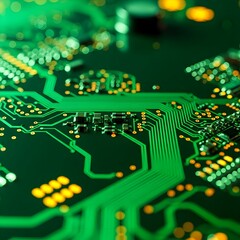 Intricate green circuit board with glowing components and complex pathways