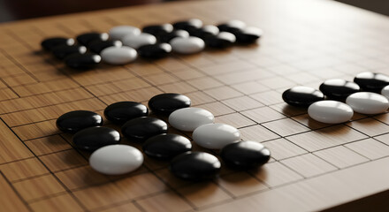 Strategic Go Game Board Featuring Black and White Stones on a Wooden Grid Surface for Intellectual Challenge and Traditional Asian Culture