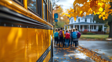 Obraz premium Yellow school bus parked in misty suburban neighborhood as children wait beside it; autumn leaves, and warm light evoke nostalgia, motion, and back-to-school charm.