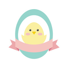 Cute yellow chick in a pastel oval frame with a pink ribbon chicken bird