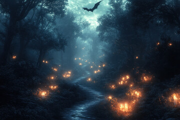 Fototapeta premium A bird flying over a dark forest path.