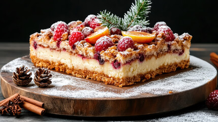 Delicious crumb cake topped with fresh fruit and powdered sugar, perfect for dessert lovers