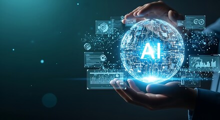 Hands holding a glowing orb representing artificial intelligence and data visualization