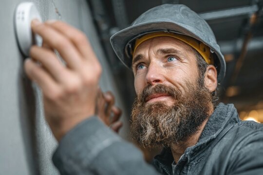 Bearded builder installing smart thermostat or smoke detector on a wall, working on home renovation - Powered by Adobe