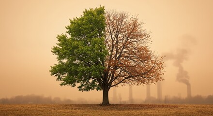Half green half dry tree pollution