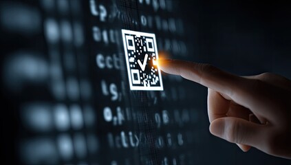 A finger touches a glowing QR code on a screen filled with digital text