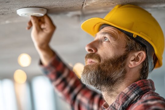 Professional electrician installing smoke detector on ceiling, prioritizing home safety and fire prevention