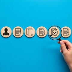Magnifying glass inspects wooden discs with icons representing documents and a person on a blue background