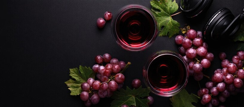 Two glasses of red wine, surrounded by fresh grapes and leaves, on a dark background with headphones - Powered by Adobe