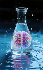 The Spectrum of Consciousness: A Pulsing, Rainbow-Colored Neural Brain Floating Within a Glass Erlenmeyer Flask, Submerged in Rippling Water, Symbolizing Scientific Exploration, Mental Wellness