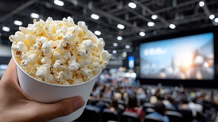 Freshly popped popcorn served in a bowl held in a hand at a modern cinema during an afternoon screening with blurred movie posters in the background