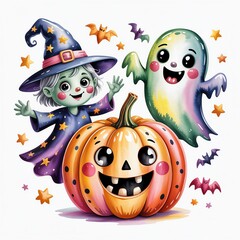 Obraz premium A playful Halloween scene featuring a cheerful witch, friendly ghost, and a smiling pumpkin surrounded by bats.