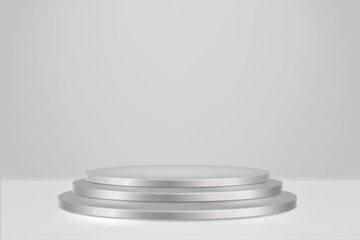 White Pedestal with Bright Steps in Light Tones Against a White Background. It presents a minimalist composition with pure luminous aesthetics.