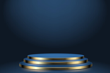 Pedestal with Golden Steps in Blue Tones on an Azure Background. It features a luxurious design combining gold and blue hues for an elegant, sophisticated aesthetic.