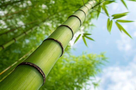 Upward view of a tall green bamboo stalk with segmented joints and lush leaves against a bright blue sky with soft clouds
