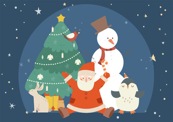 New year, christmas concept. Xmas tree with decorations, Santa Claus, bullfinch, rabbit penguin and snowman. Winter holidays card or banner, vector template