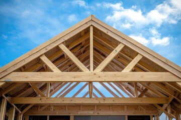 Close-up view of a wooden roof structure under construction.