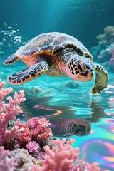 Fototapeta premium Vibrant ocean scene featu a realistic sea turtle swimming above colorful coral reef with clear water and underwater sunshine rays