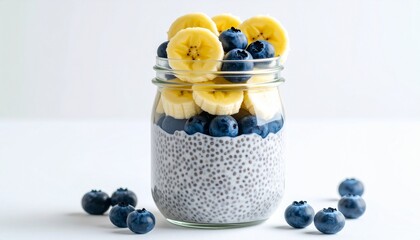 Layered chia seed pudding with fresh blueberries and banana slices in a glass jar on a white table.