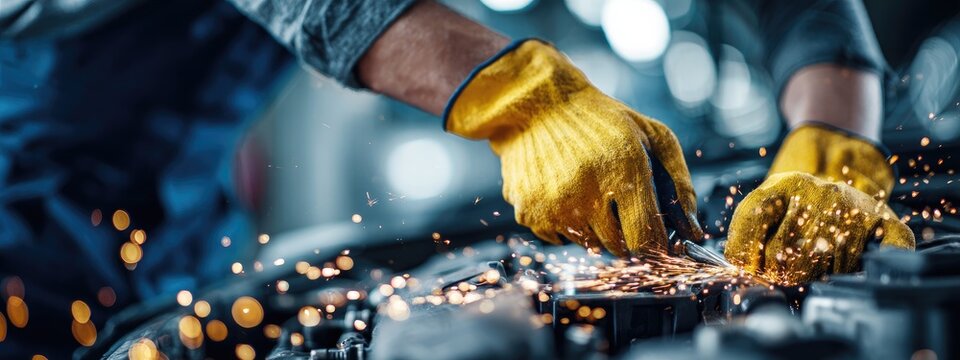 Close-up of worker in yellow gloves using a grinder on metal. Sparks fly - Powered by Adobe