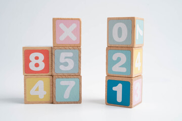 Number wood block cubes for learning Mathematic, education math.