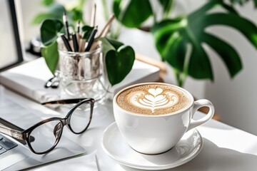Minimalistic workspace at white table, cup of coffee, laptop, green, modern scandinavian style