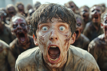The Walking Dead Season poster featuring a group of survivors led by Rick Grimes, standing in a rundown field, armed and ready for action.