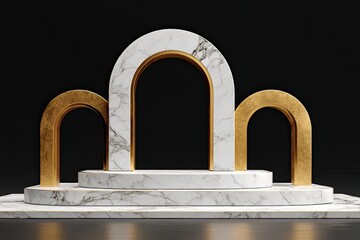 White marble podium with gold arches, 3D rendering