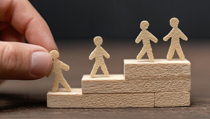 A hand guides a small wooden figure up a set of wooden steps, with other figures already positioned on higher levels