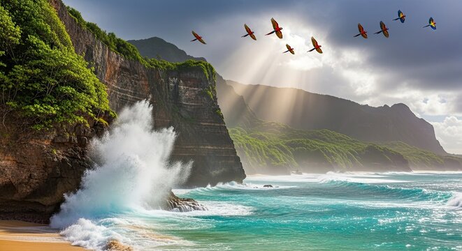 Tropical coastal cliffs with waves crashing below, colorful parrots flying above, sun rays breaking through clouds, dramatic vacation