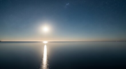 Moonlit Ocean Reflection: Serene Nightscape with Stars