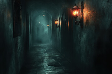 Lantern glowing in dark alley.