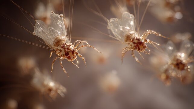 Macro close-up of flying termites with translucent wings and sharp details in motion, ideal for science visuals, pest control themes and entomology education materials