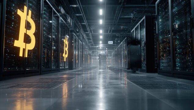Server room hallway, Bitcoin symbols
