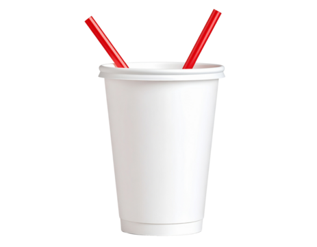White paper cup with red straw isolated on transparent background