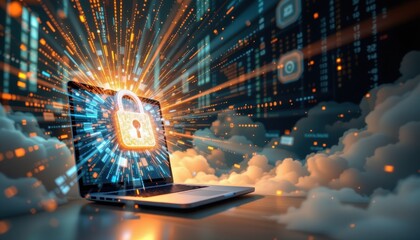 A luminous panorama of cascading digital fractals depicting cybercrime encroaching on a laptop screen, a spectral padlock materializing from the internets ethereal glow, symbolizing cybersecurity