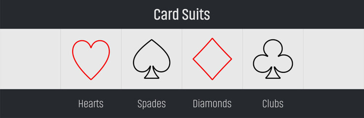Hearts and Spades, Diamonds and Clubs card outline vector set. Black playing cards line red and black icon. 4 card suits in line symbol