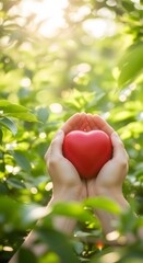 Close-up of gentle hands carefully cradling a bright red heart against a blurred background of vibrant green foliage, illuminated by soft morning sunlight. A symbol of love, health, and compassion