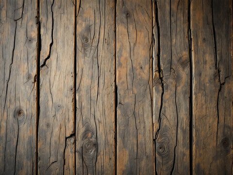 Weathered wooden background featuring cracked, aged planks with rustic textures and natural imperfections. Ideal for grunge, vintage, or outdoor design themes