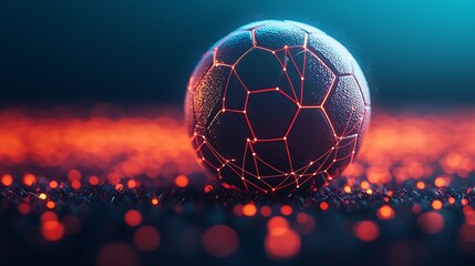 A glowing soccer ball rests on a shimmering surface, surrounded by a vibrant play of lights, creating a dynamic and energetic atmosphere.