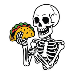 Skeleton holding a taco with fillings on a white background Halloween colouring page