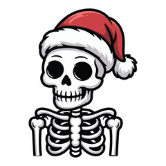 Cartoon skeleton wearing a santa hat on a white background Halloween colouring page