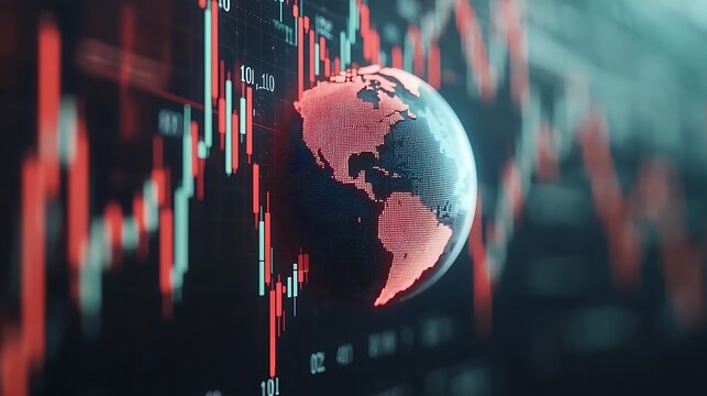 A digital globe reflects stock market trends, featuring red and green graphs that symbolize financial fluctuations and global commerce. - Powered by Adobe