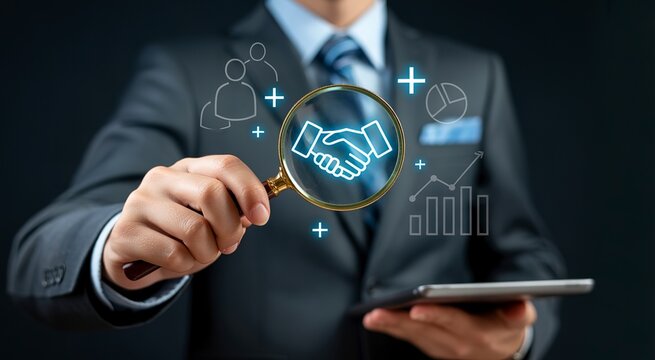 Businessman examining a handshake deal with a magnifying glass, showing business growth