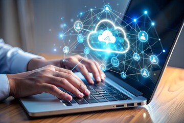 Hands typing on laptop with glowing cloud network graphic