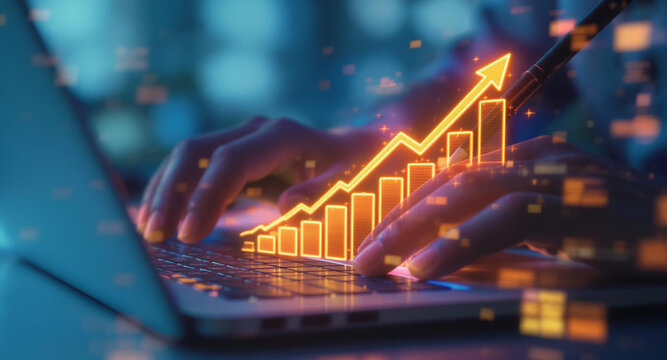Hands typing on laptop with glowing upward trending financial graph overlay