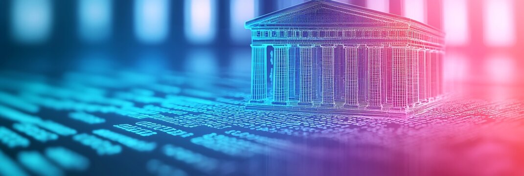 A digital representation of a classical building illuminated in blue and pink hues, set against a backdrop of binary code. - Powered by Adobe