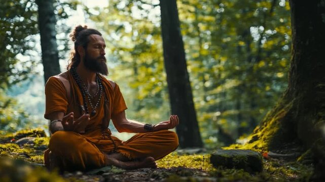 This footage showcases a calm meditation scene in a vibrant forest. Perfect for wellness and mindfulness projects. Ideal for creating a peaceful atmosphere. Generative AI