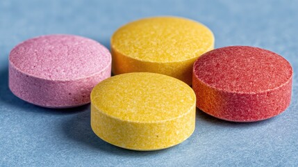 Close-up of four colorful pills