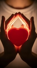 Tender hands gently cupped around a brightly glowing red heart, a powerful symbol of love, compassion, charity, and heartfelt warmth